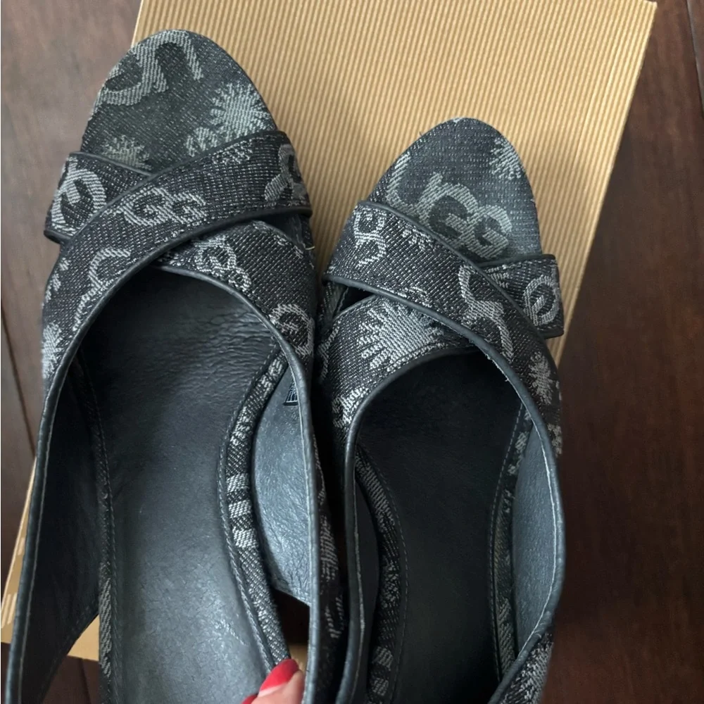 UGG Australia 1000581 Black 9 Hazel Denim Wedge Slingback Sandals Shoes #9